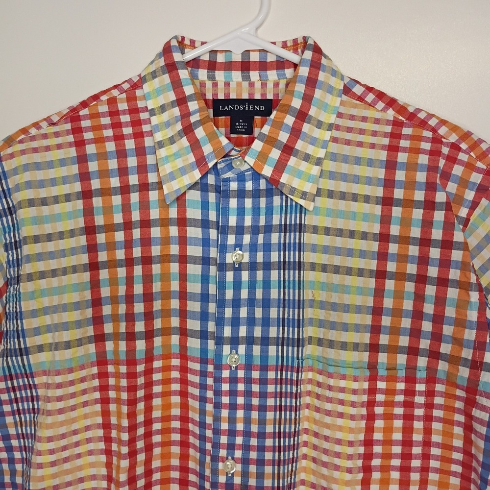 Lands' End Shirt‎ Mens Medium Seersucker Plaid Short Sleeve Button Up Multicolor - Picture 2 of 7